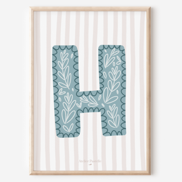 Affiche lettre H motif brindilles bleu clair - collection Les Petites Initiales