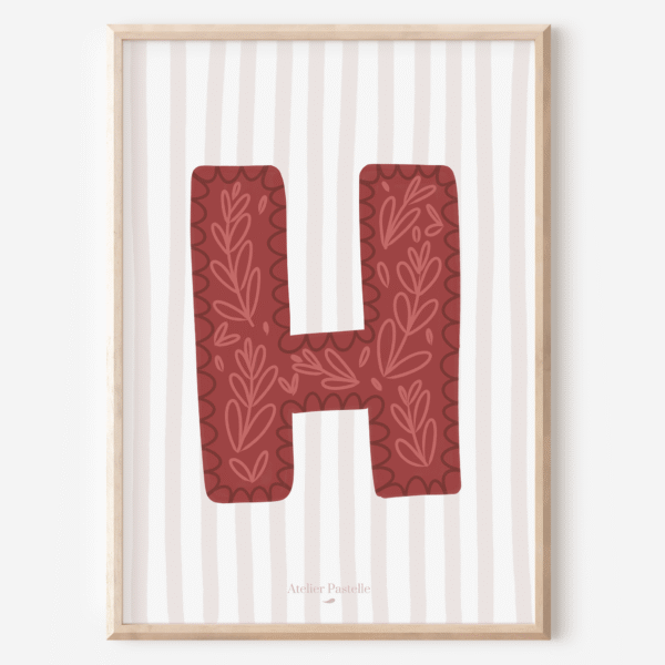 Affiche lettre H motif brindilles bordeaux - collection Les Petites Initiales