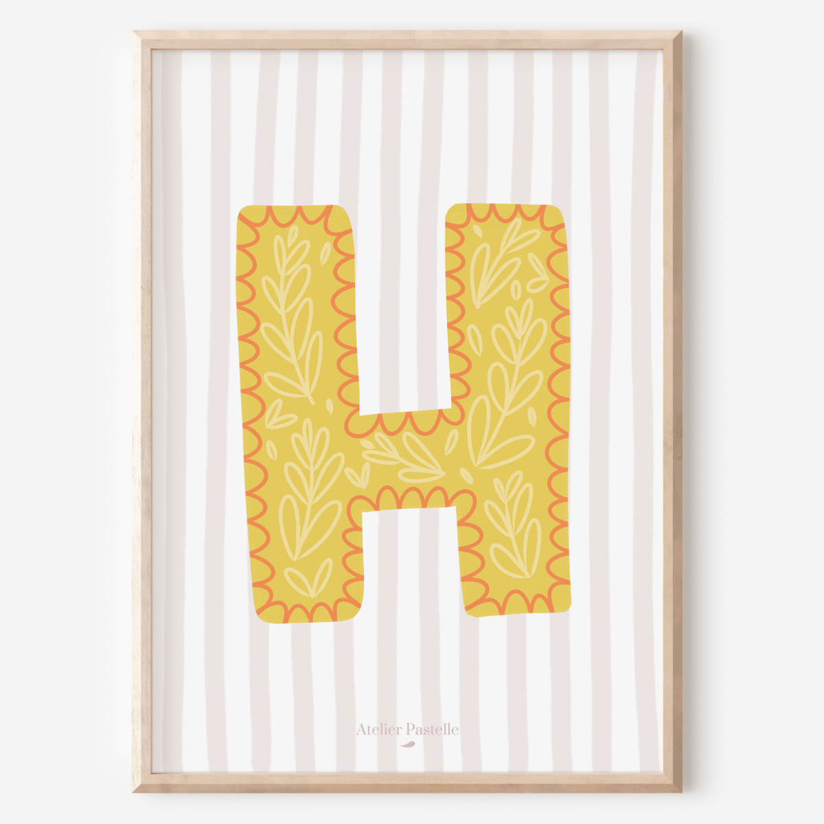 Affiche lettre H motif brindilles jaune - collection Les Petites Initiales