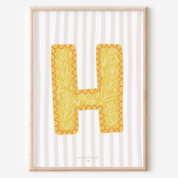 Affiche lettre H motif brindilles jaune - collection Les Petites Initiales