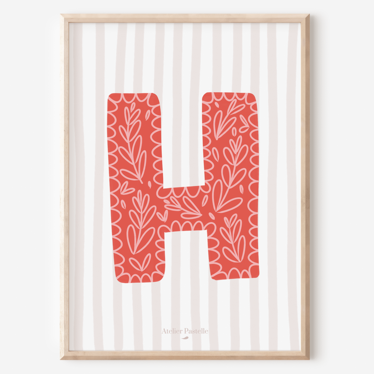 Affiche lettre H motif brindilles rouge - collection Les Petites Initiales