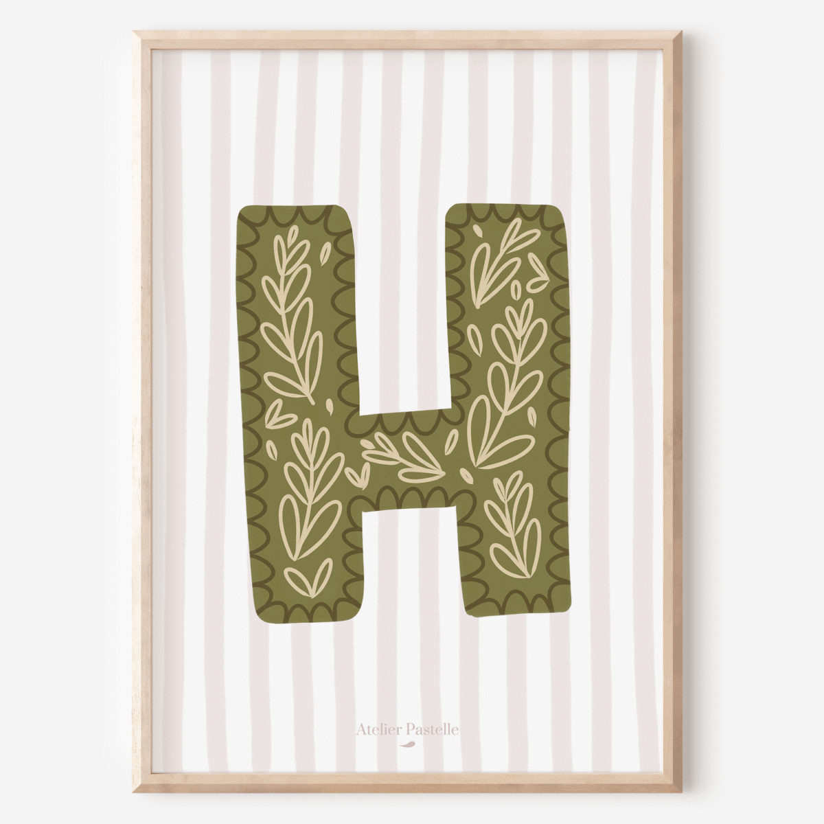 Affiche lettre H motif brindilles vert - collection Les Petites Initiales