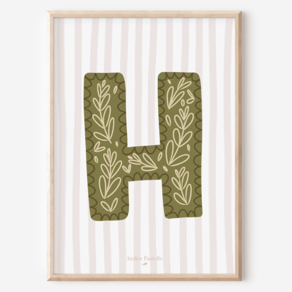 Affiche lettre H motif brindilles vert - collection Les Petites Initiales