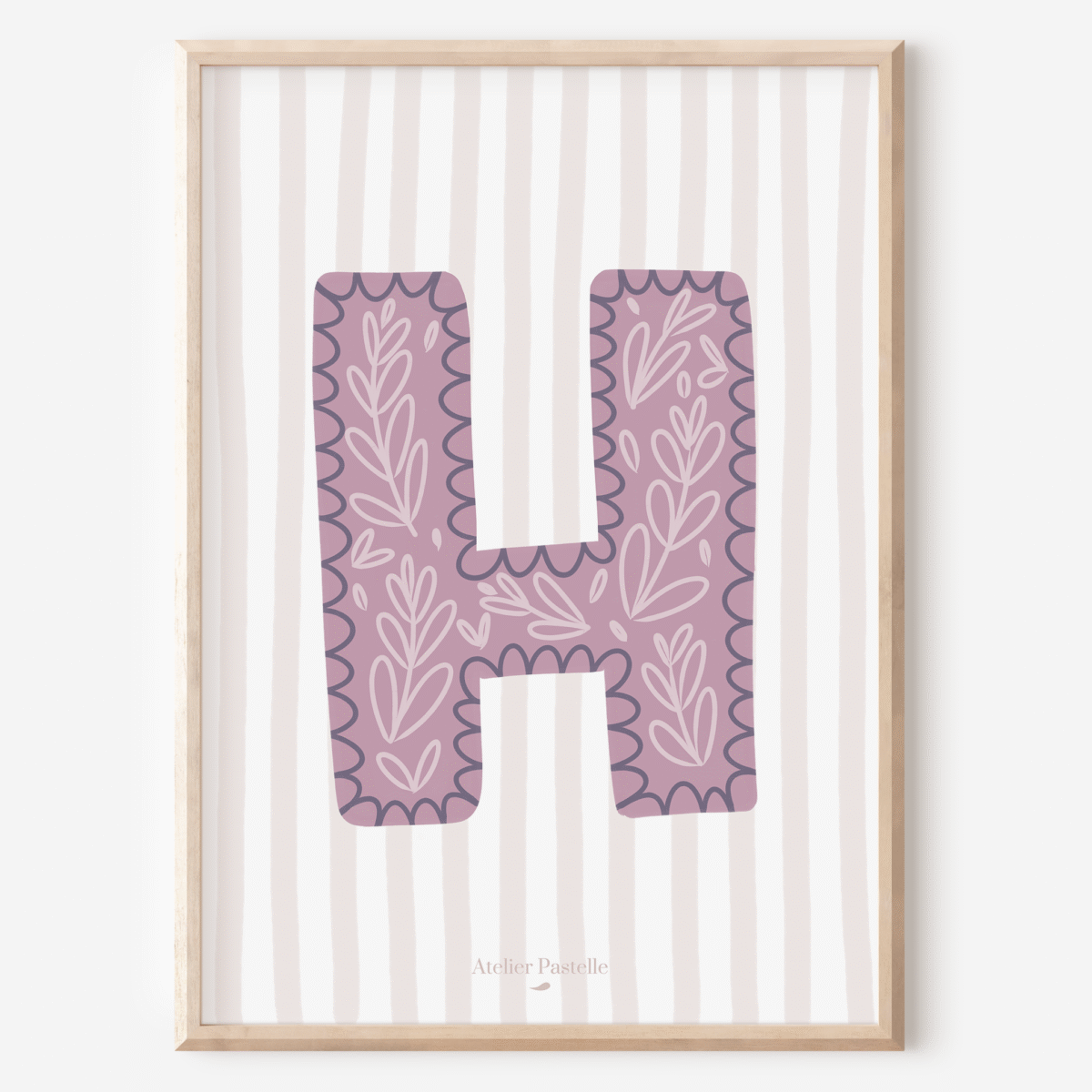 Affiche lettre H motif brindilles violet - collection Les Petites Initiales