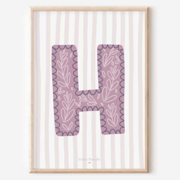 Affiche lettre H motif brindilles violet - collection Les Petites Initiales