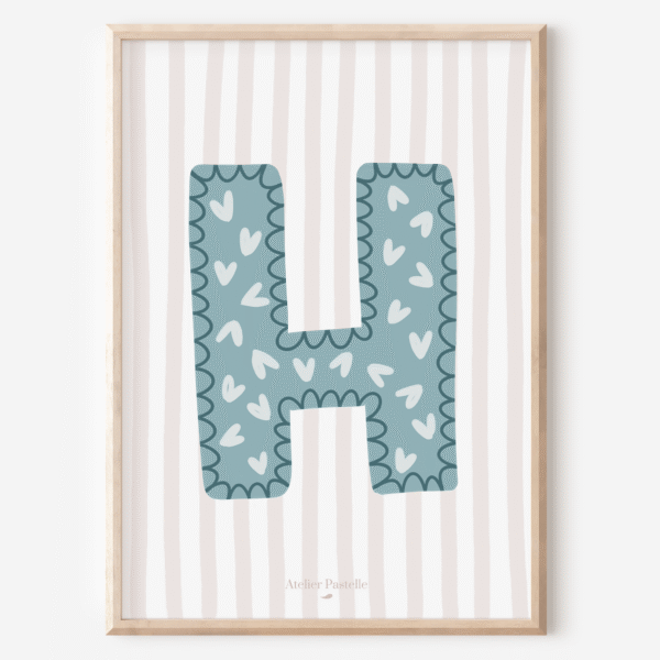 Affiche lettre H motif coeurs bleu clair - collection Les Petites Initiales