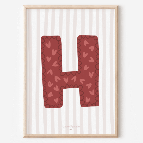 Affiche lettre H motif coeurs bordeaux - collection Les Petites Initiales