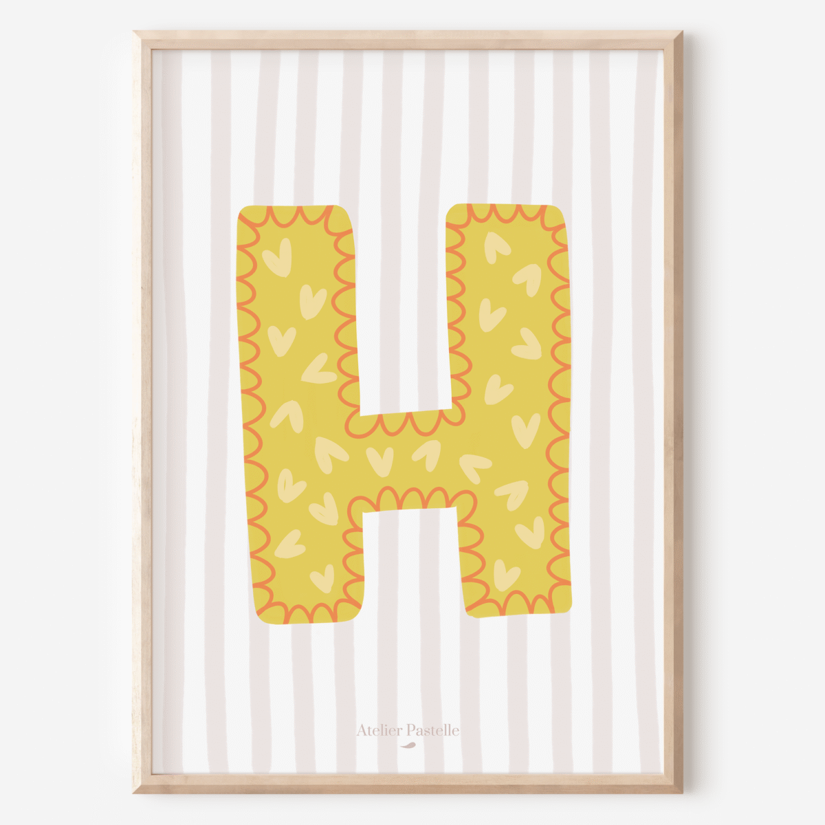 Affiche lettre H motif coeurs jaune - collection Les Petites Initiales