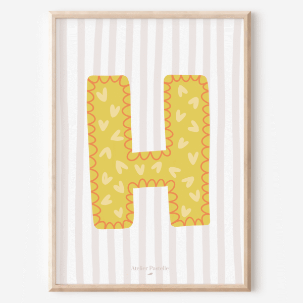 Affiche lettre H motif coeurs jaune - collection Les Petites Initiales