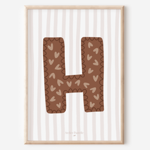 Affiche lettre H motif coeurs marron - collection Les Petites Initiales