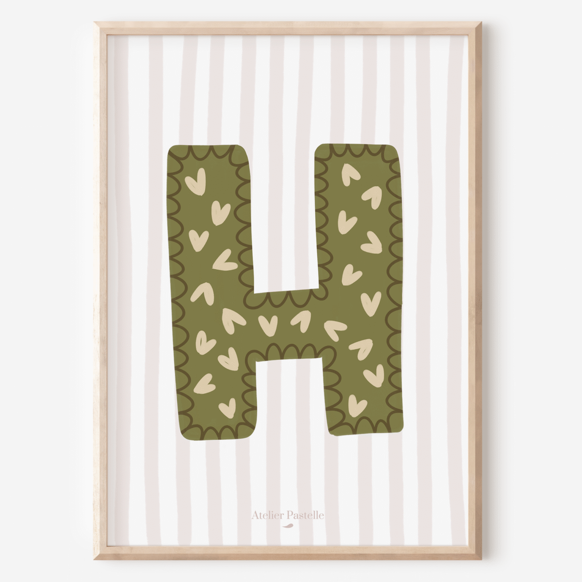 Affiche lettre H motif coeurs vert - collection Les Petites Initiales