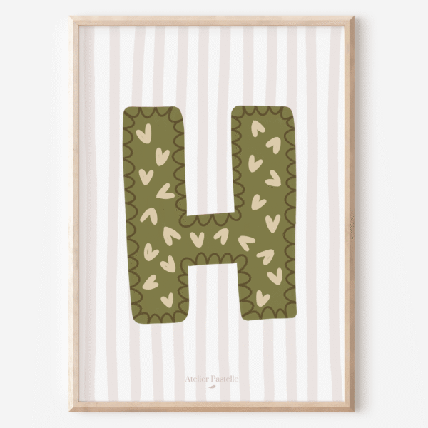 Affiche lettre H motif coeurs vert - collection Les Petites Initiales