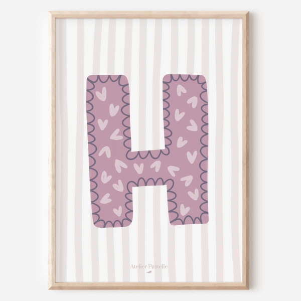 Affiche lettre H motif coeurs violet - collection Les Petites Initiales