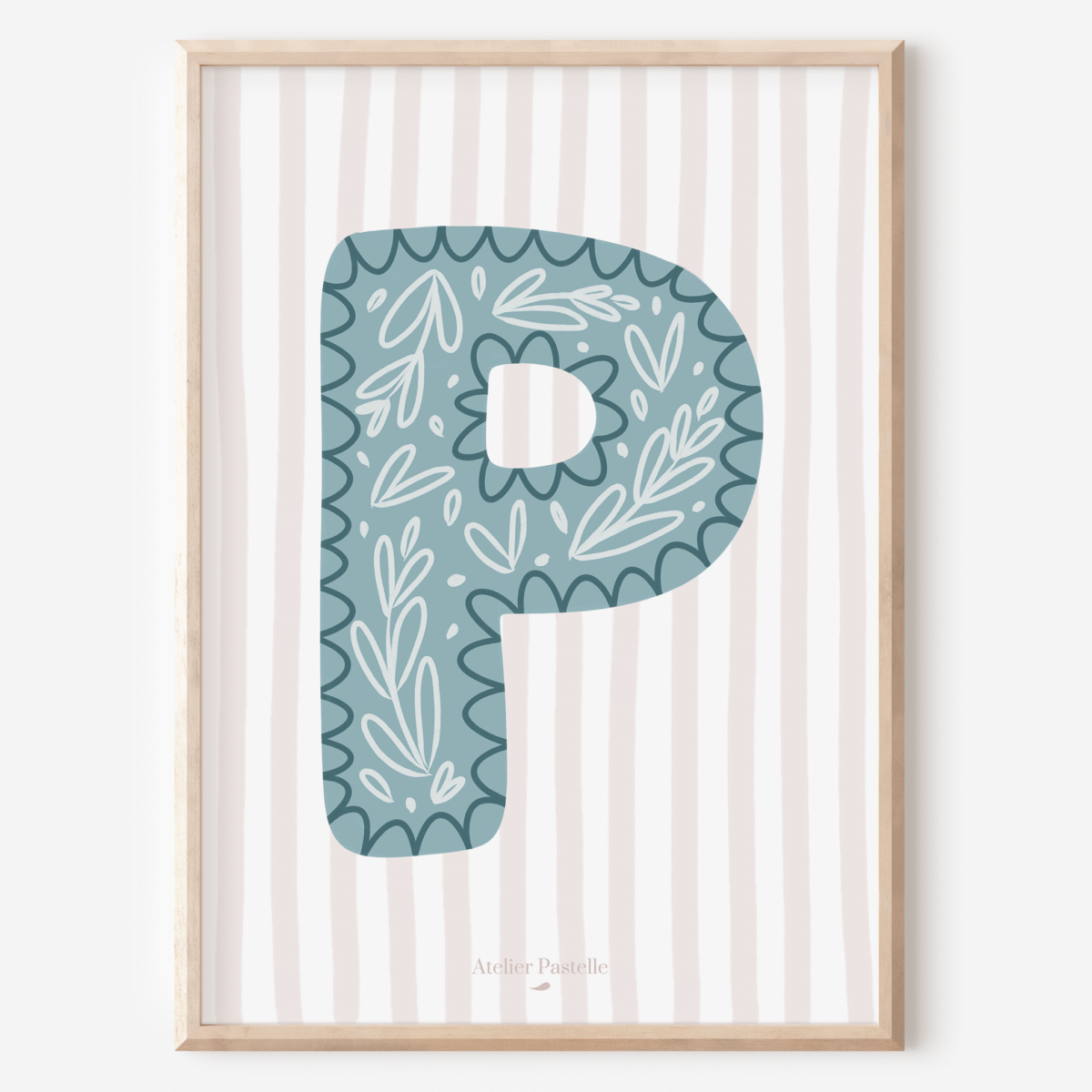 Affiche lettre P motif brindilles bleu clair - collection Les Petites Initiales
