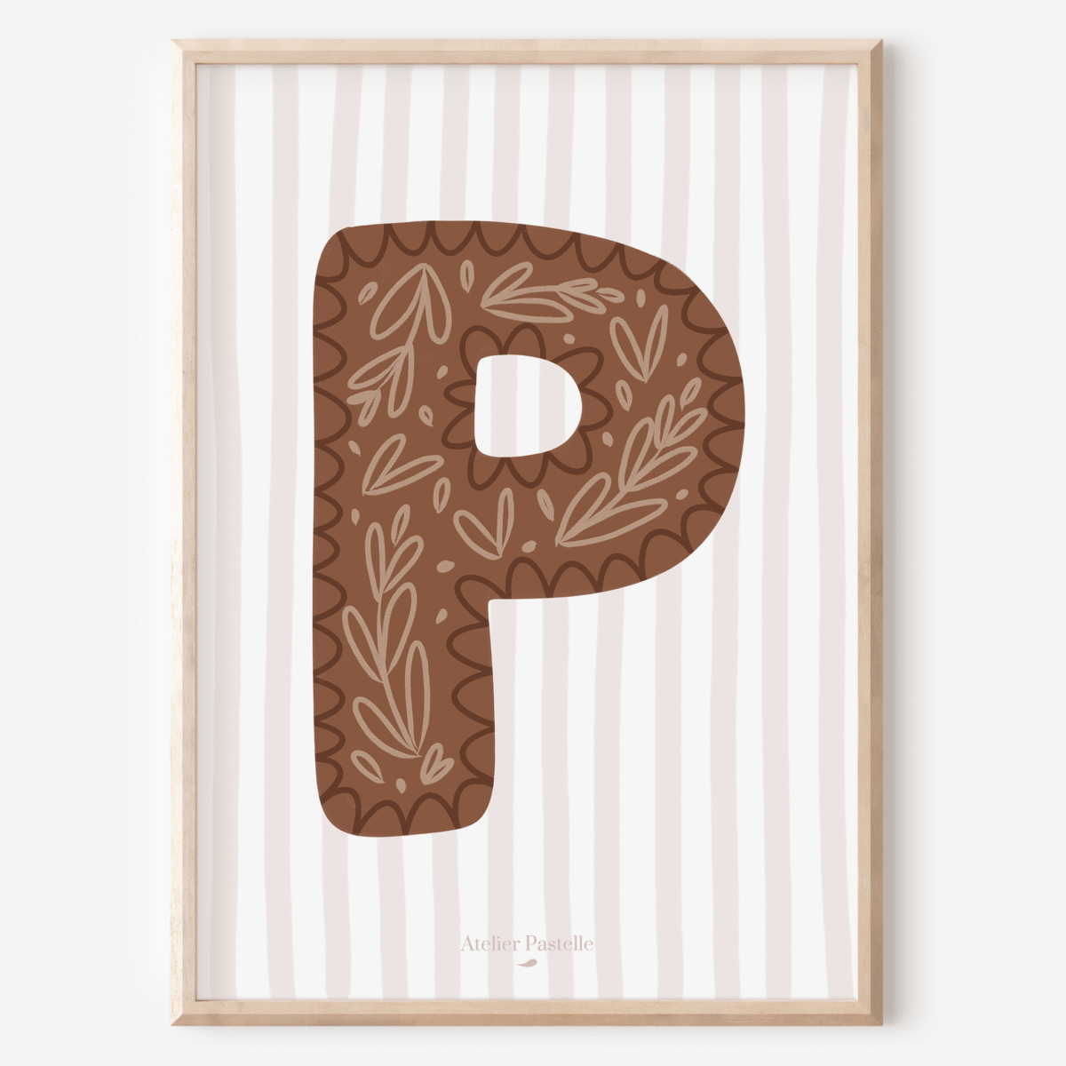 Affiche lettre P motif brindilles marron - collection Les Petites Initiales