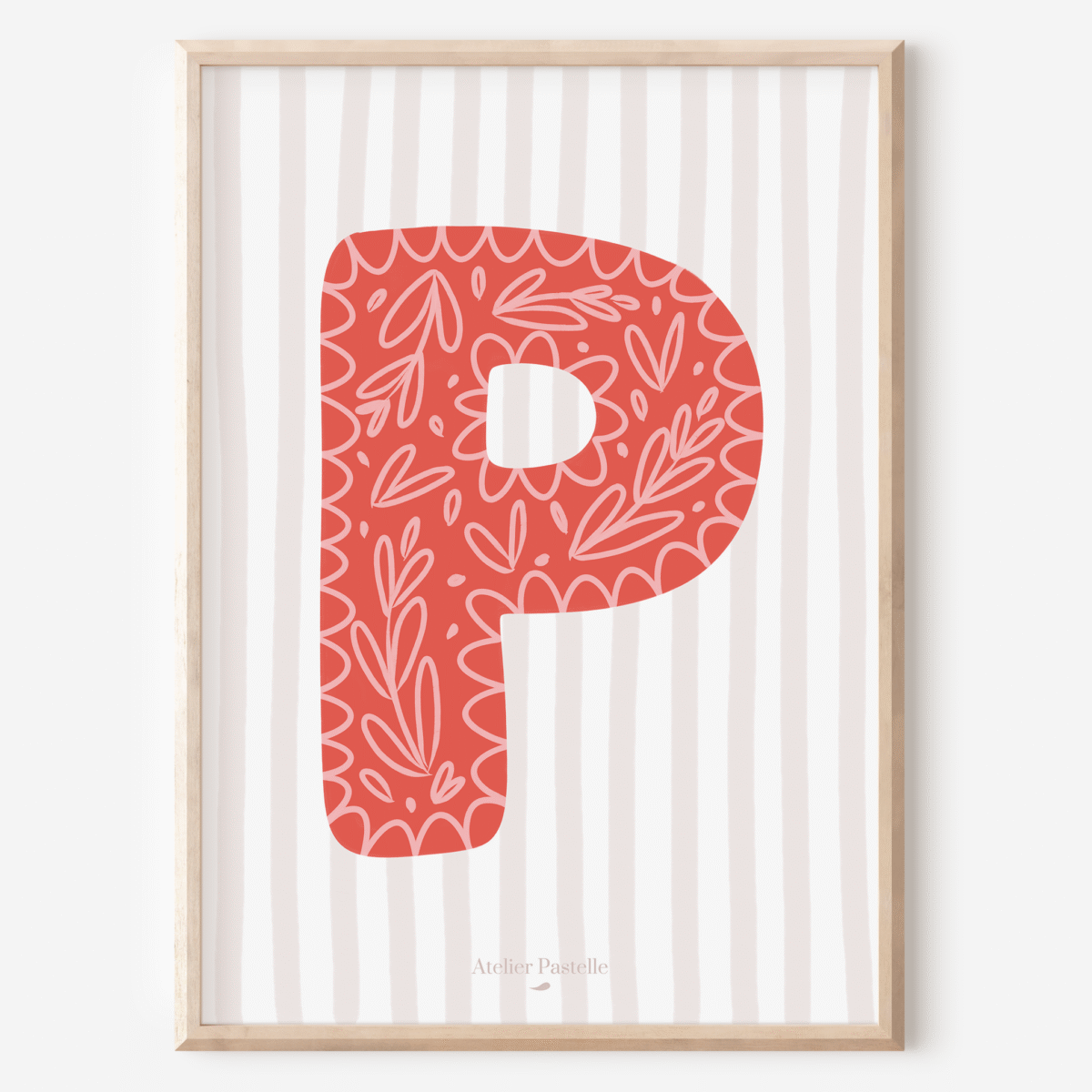 Affiche lettre P motif brindilles rouge - collection Les Petites Initiales