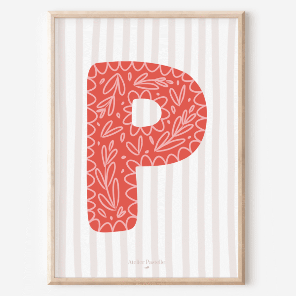 Affiche lettre P motif brindilles rouge - collection Les Petites Initiales