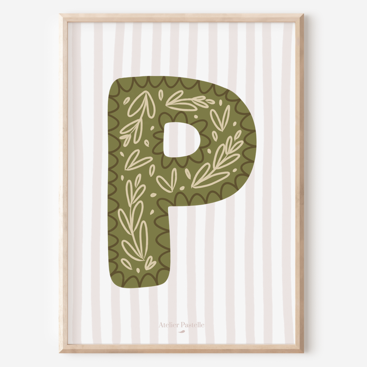 Affiche lettre P motif brindilles vert - collection Les Petites Initiales