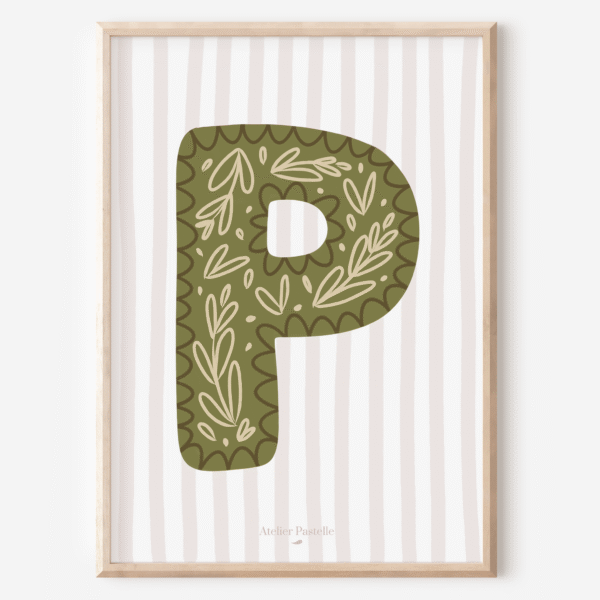 Affiche lettre P motif brindilles vert - collection Les Petites Initiales