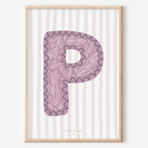 Affiche lettre P motif brindilles violet - collection Les Petites Initiales