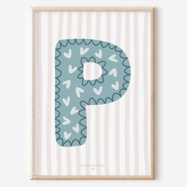 Affiche lettre P motif coeurs bleu clair - collection Les Petites Initiales