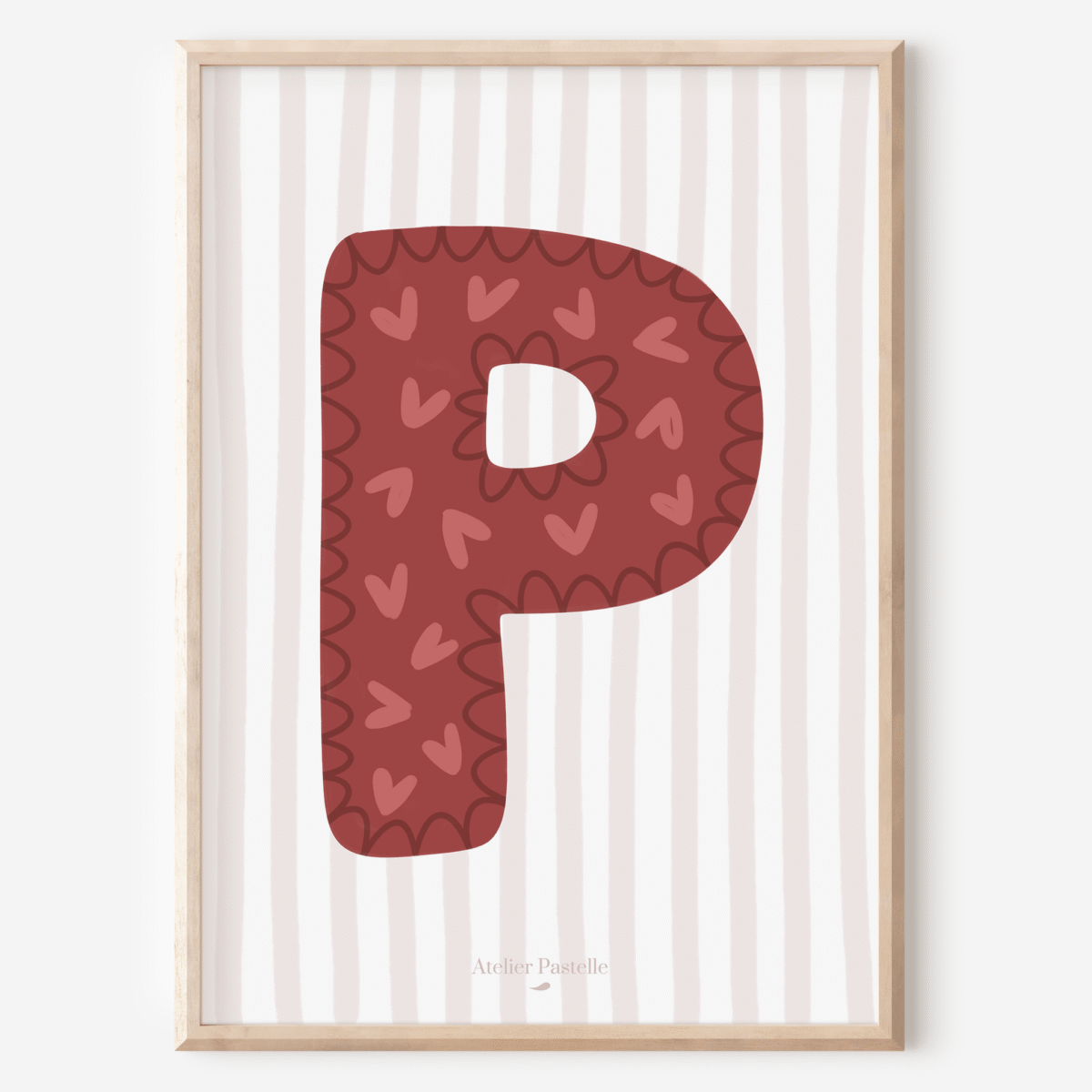 Affiche lettre P motif coeurs bordeaux - collection Les Petites Initiales