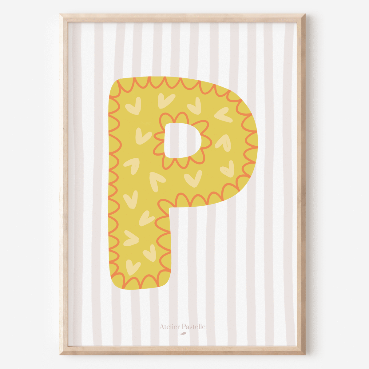 Affiche lettre P motif coeurs jaune - collection Les Petites Initiales