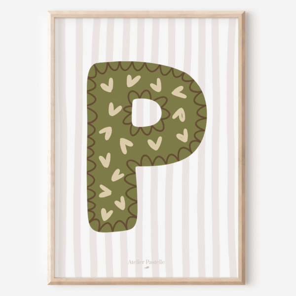 Affiche lettre P motif coeurs vert - collection Les Petites Initiales