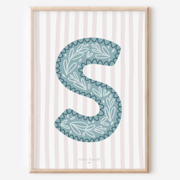 Affiche lettre S motif brindilles bleu clair - collection Les Petites Initiales