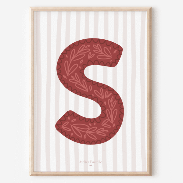 Affiche lettre S motif brindilles bordeaux - collection Les Petites Initiales