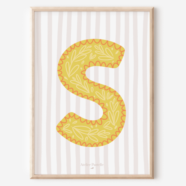 Affiche lettre S motif brindilles jaune - collection Les Petites Initiales