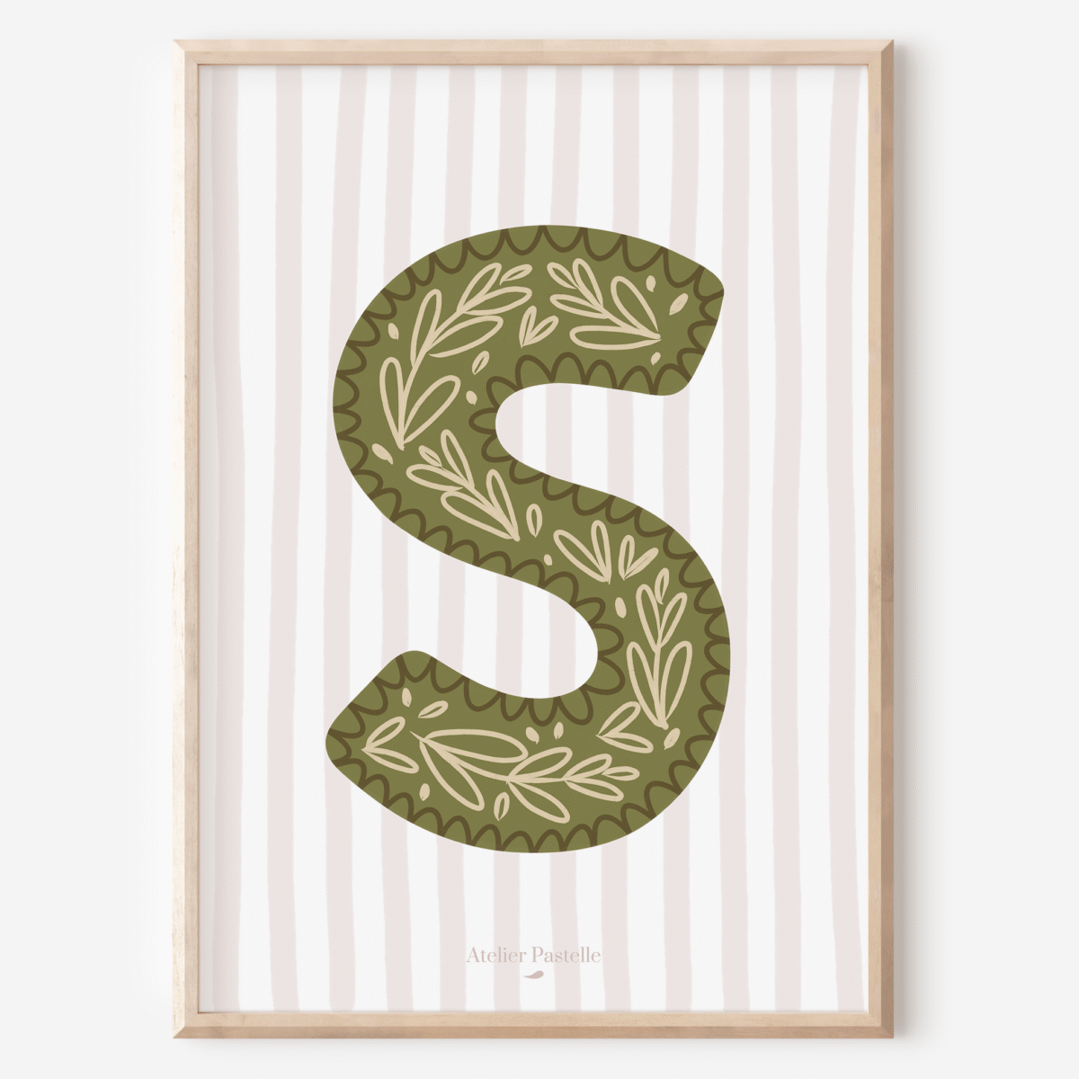 Affiche lettre S motif brindilles vert - collection Les Petites Initiales