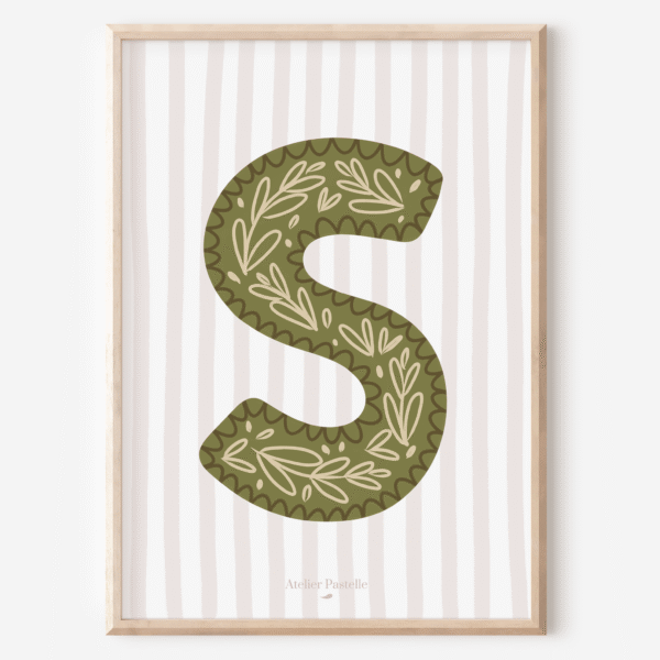 Affiche lettre S motif brindilles vert - collection Les Petites Initiales