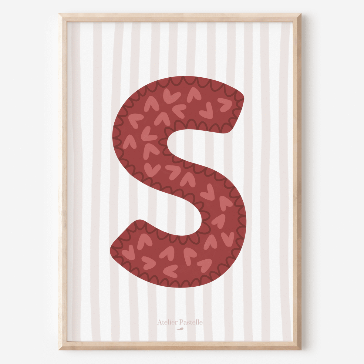 Affiche lettre S motif coeurs bordeaux - collection Les Petites Initiales
