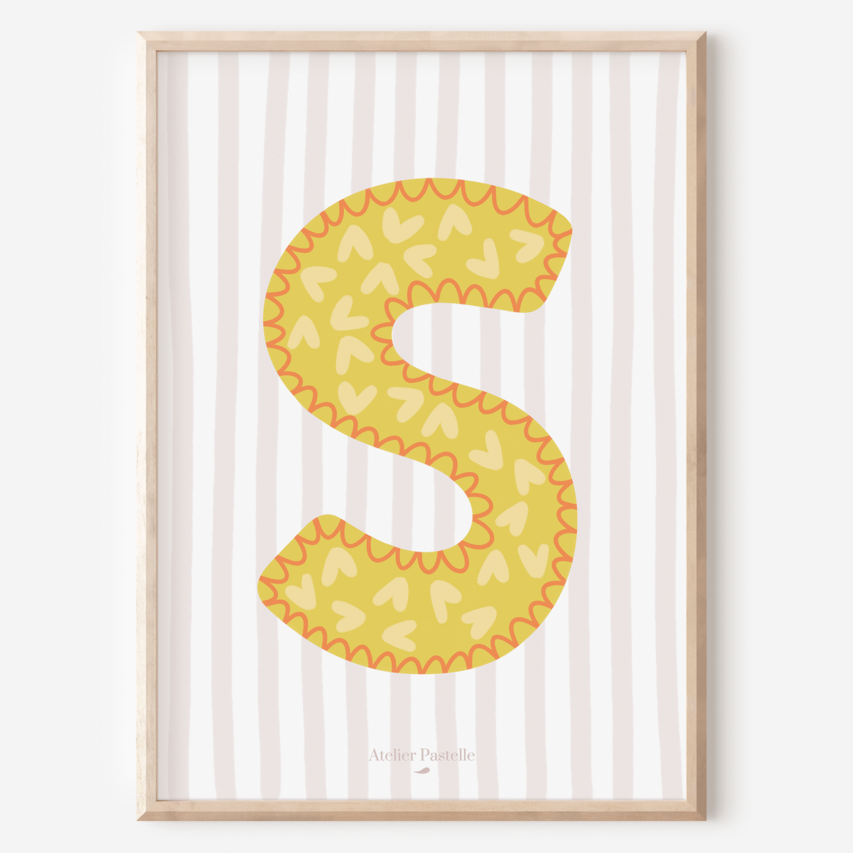 Affiche lettre S motif coeurs jaune - collection Les Petites Initiales