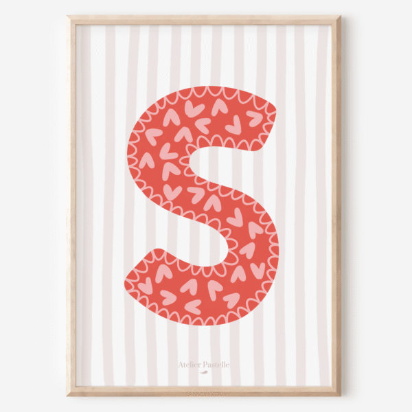 Affiche lettre S motif coeurs rouge - collection Les Petites Initiales