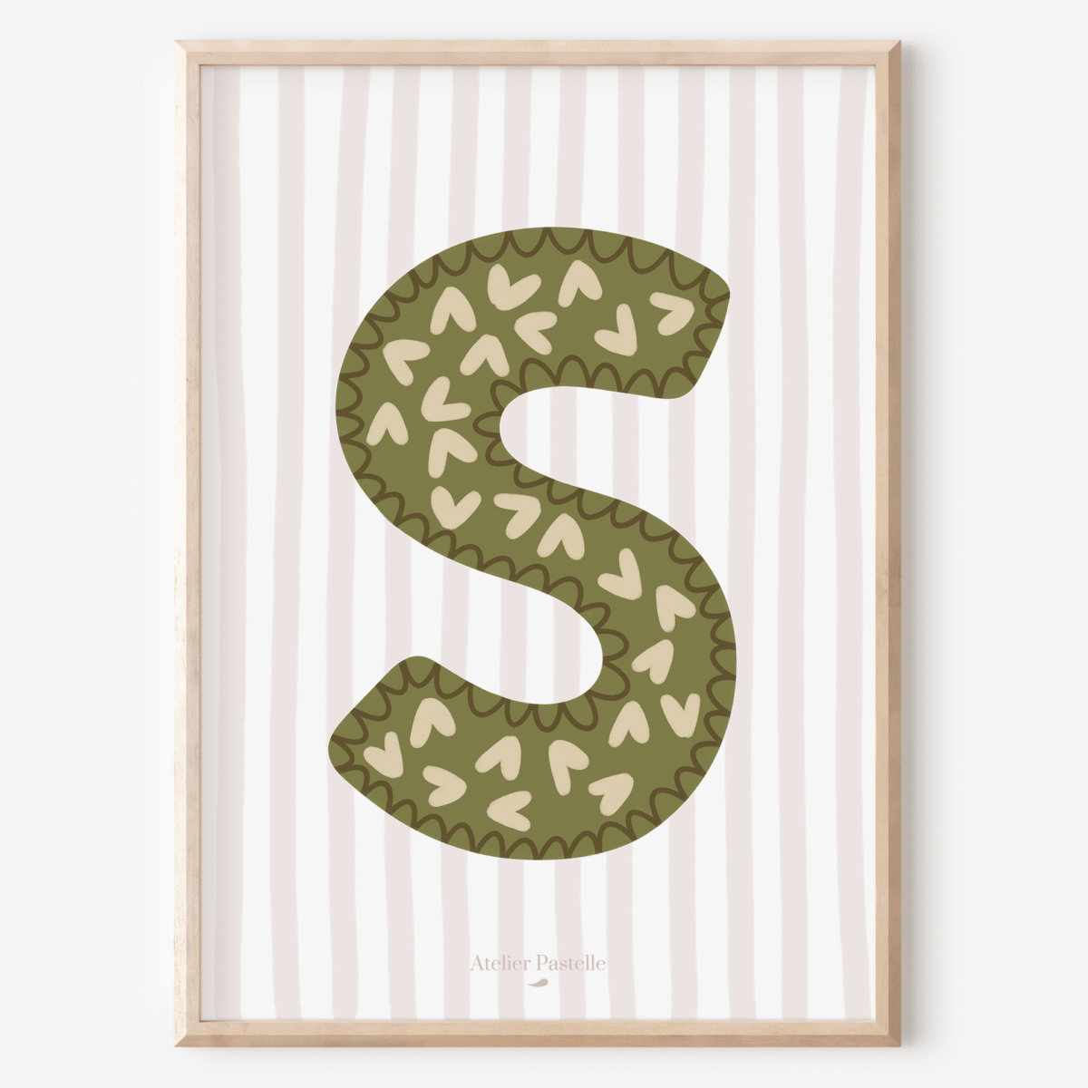 Affiche lettre S motif coeurs vert - collection Les Petites Initiales