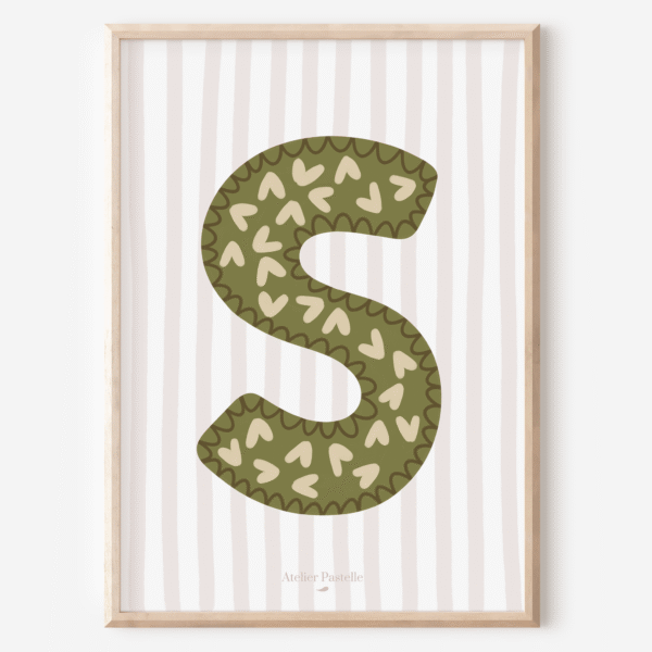 Affiche lettre S motif coeurs vert - collection Les Petites Initiales