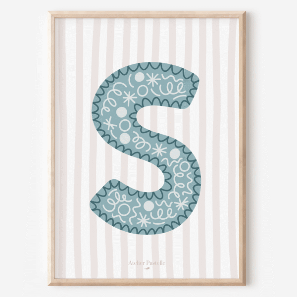 Affiche lettre S motif confettis bleu clair - collection Les Petites Initiales