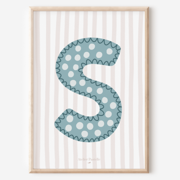 Affiche lettre S motif pois bleu clair - collection Les Petites Initiales