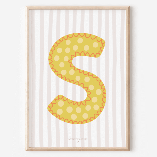 Affiche lettre S motif pois jaune - collection Les Petites Initiales