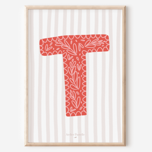 Affiche lettre T motif brindilles rouge - collection Les Petites Initiales