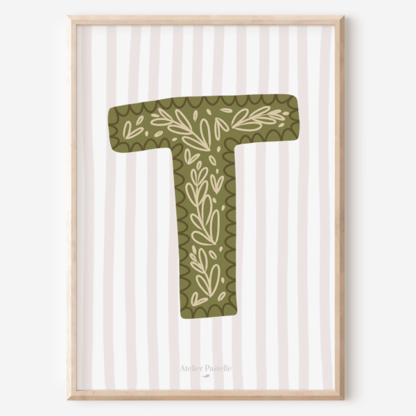 Affiche lettre T motif brindilles vert - collection Les Petites Initiales