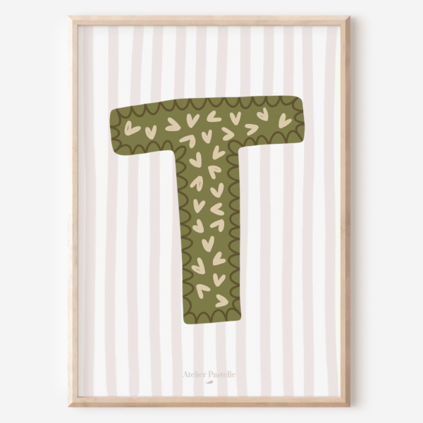 Affiche lettre T motif coeurs vert - collection Les Petites Initiales