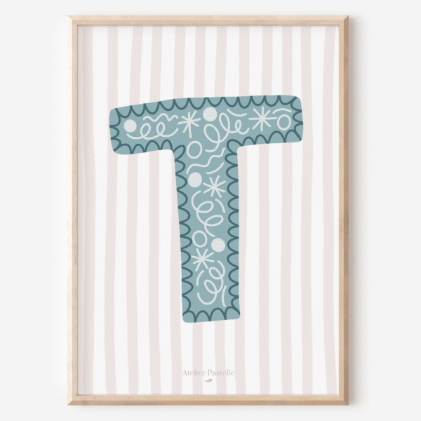 Affiche lettre T motif confettis bleu clair - collection Les Petites Initiales