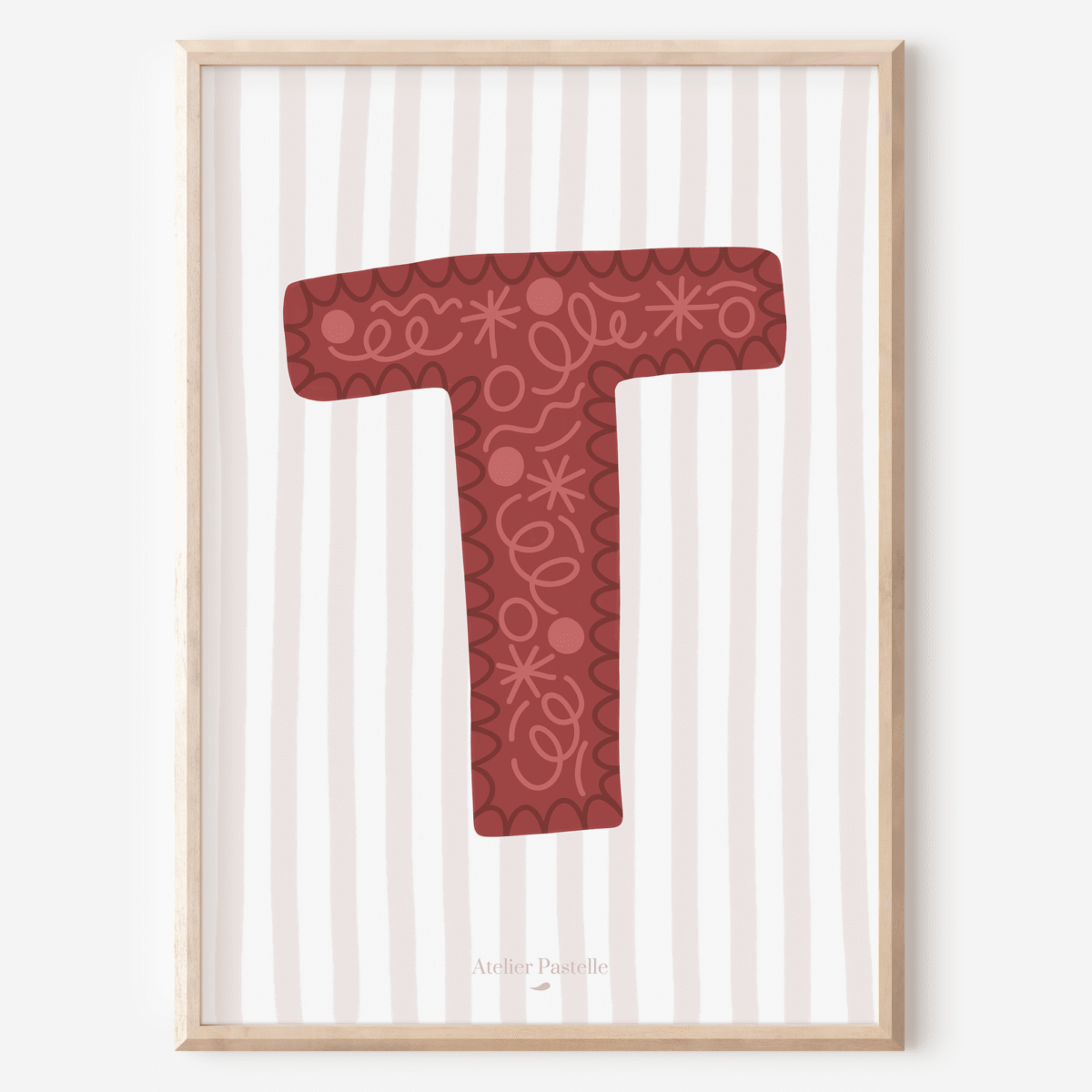 Affiche lettre T motif confettis bordeaux - collection Les Petites Initiales