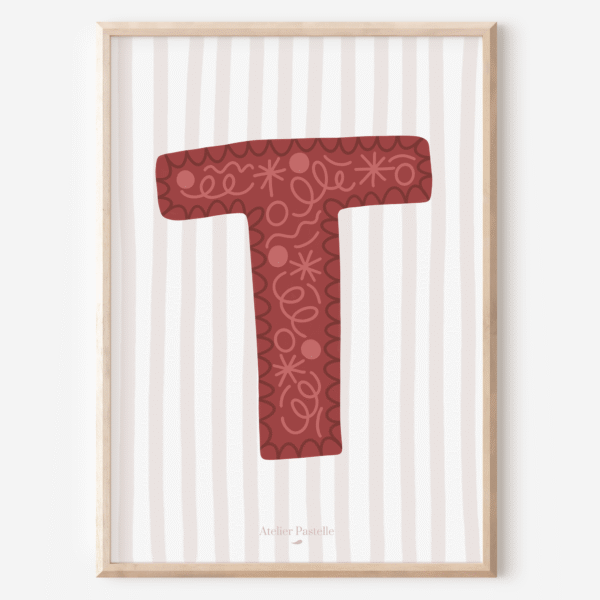 Affiche lettre T motif confettis bordeaux - collection Les Petites Initiales