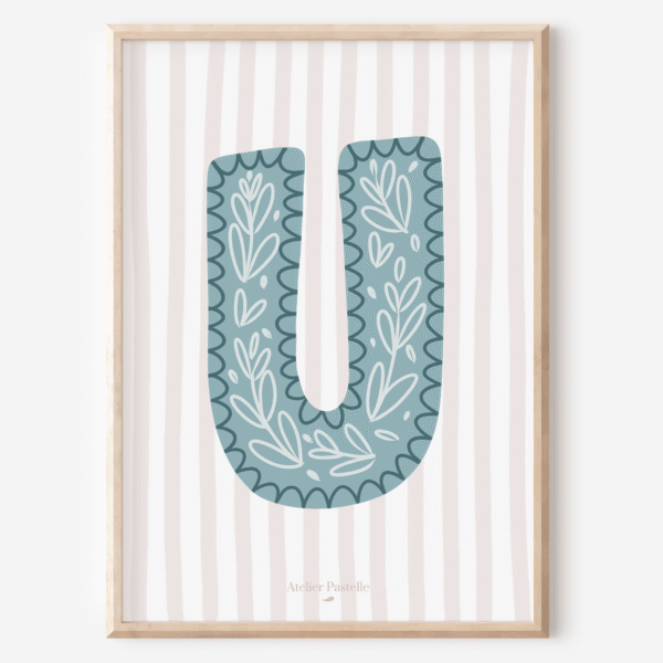 Affiche lettre U motif brindilles bleu clair - collection Les Petites Initiales