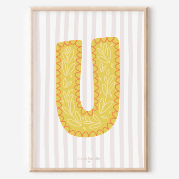 Affiche lettre U motif brindilles jaune - collection Les Petites Initiales