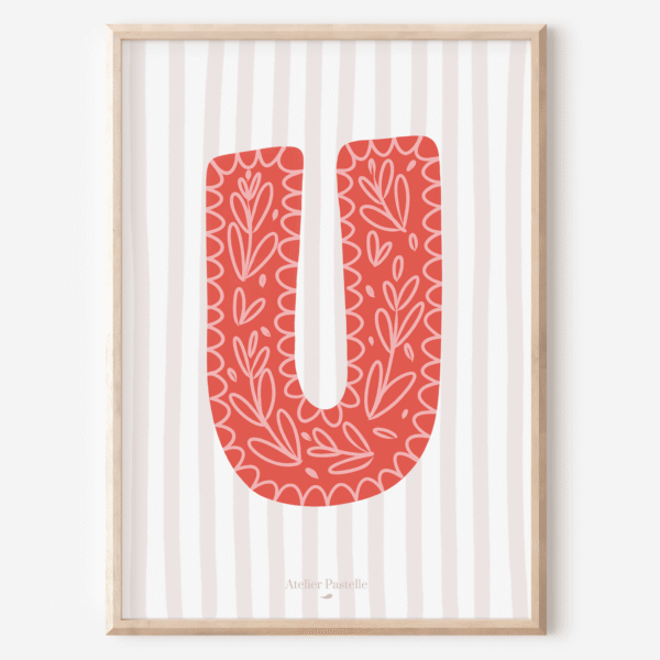 Affiche lettre U motif brindilles rouge - collection Les Petites Initiales